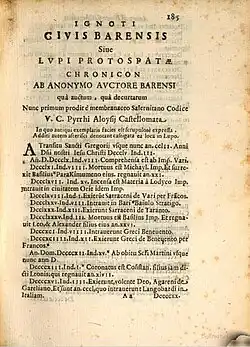 Anonymi Barensis Chronicon, composed in Latin in the first quarter of the 12th century. It covers the years 855–1118, documenting the events in Bari and Apulia, including the First Crusade.