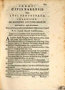 Anonymi Barensis Chronicon, composed in Latin in the first quarter of the 12th century. It covers the years 855–1118, documenting the events in Bari and Apulia, including the First Crusade.
