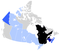 Map showing the distribution of French Canadians in Canada.