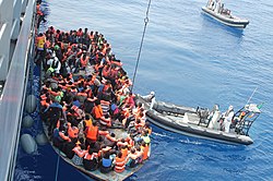inflatable boat with refugees