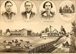 Page from the book "History of Ingham and Eaton counties, Michigan" with images of Israel M. Allyn, his residence in Hamlin and his first and second wives, 1880