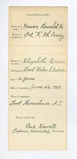 Carded Marriage Record for Herschel H. Mason