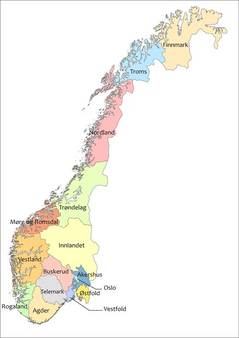 Map with the Norwegian counties