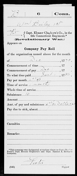 Company Pay Roll for Bailey, William - State: Connecticut, Regiment: Sixth Regiment.