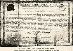 Certificate issued in 1778 by governor Frederick Haldimand, confirming Chawanon as Grand Chief of the Folles Avoines.