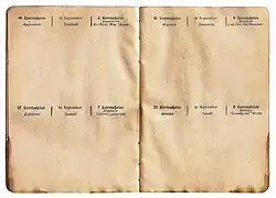 Two pages of a Greek-French Julian-Gregorian calendar, Sept. 1914.