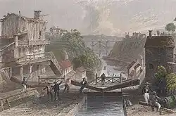 View east of eastbound Lockport on the Erie Canal by W.H. Bartlett, 1839