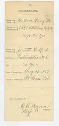 This card has information about the marriage of Harry M. Hallock, who was married to Jannette Halford at Fort Logan, Colorado, on August 26, 1897.