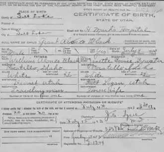 Grant Alonzo Black (1913-1976) birth certificate, Utah