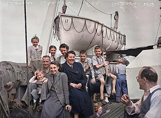 British migrants on the deck of Georgic, Australia, 1949, Norman Herfort, Pix Magazine, from photographic negative, State Library of New South Wales