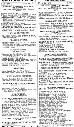 List of photographers in Baltimore from Baltimore Business Directory. 1909