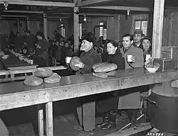 Jewish refugees receiving bread rations at the Bindermichl displaced persons' camp in Linz, Austria. 1946