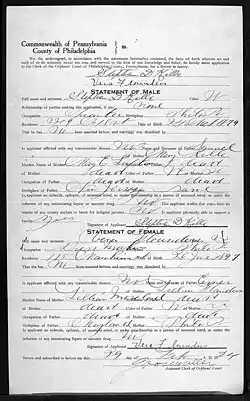 Marriage application of Vera Flounders and Stephen D. Kille. 1924