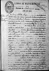 Marriage certificate of Floro Vega and María Alegre. 1884