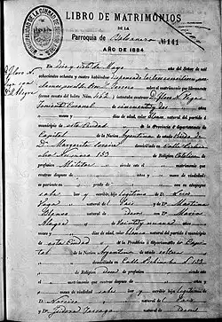Marriage certificate of Floro Vega and María Alegre. 1884