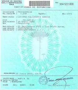Luciano Kulczewski, death certificate issued by the Chilean civil registry, which includes the dates of birth and death