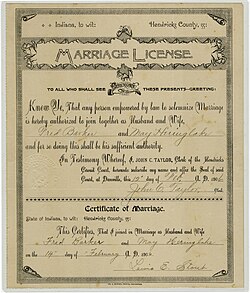Marriage license of Fred Barker and May Heringlake