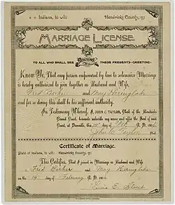 Marriage license of Fred Barker and May Heringlake