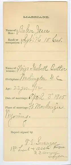 This card has information about the marriage of Jesse Baker, who was married to Isabell Butler at Fort Mackenzie, Wyoming, on April 3, 1905