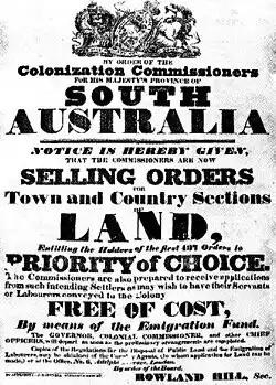 An 1835 advertisement for the sale of land in South Australia