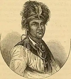 Portrait of the chief Joseph Brant, on the book "Wyoming, its history, stirring incidents, and romantic adventures," 1868.