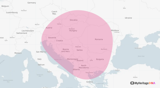 A world map with a pink highlight around the Balkan peninsula