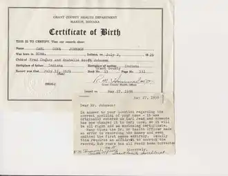 Carl Jean Johnson birth certificate