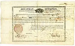 Document signed by Governor Jennings and secretary R. A. New commissioning Tipton as major general in the 2nd Division of the Indiana militia.