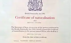 UK naturalization certificate