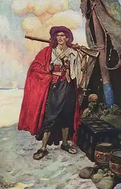The Buccaneer was a Picturesque Fellow: illustration of a pirate, dressed to the nines in piracy attire. The oil painting, which the illustration was of, was sold in 1905 under the title The Buccaneer, and is currently part of the Delaware Art Museum's collection