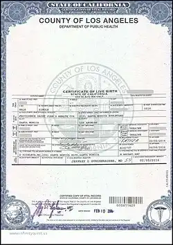 Birth certificate from Los Angeles, California
