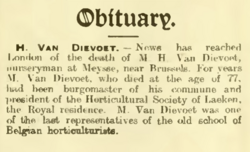 Newspaper obituary of Hendrik Van Dievoet. 1917