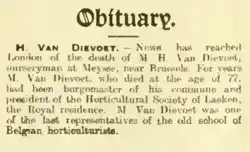 Newspaper obituary of Hendrik Van Dievoet. 1917