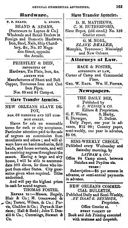 Page of the Southern Commercial Directory. Charleston, 1854