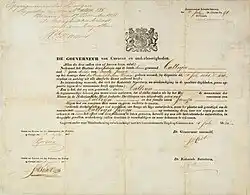 Letter of manumission for the slave Cattrijn Janga, issued in the name of the Governor of Curaçao De Croe. 1861.
