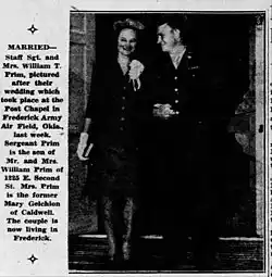 Staff Sgt. and Mrs. William T. Prim, pictured after their wedding which took place at the Post Chapel in Frederick Army Air Field, Oklahoma. November 1943