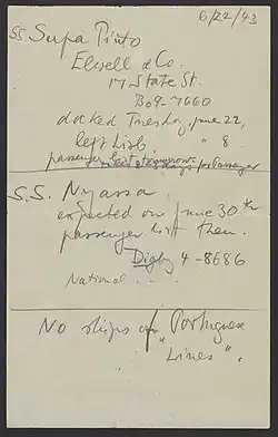 Note indicating the arrival of Max Bredig on the S.S. Nyassa in 1943