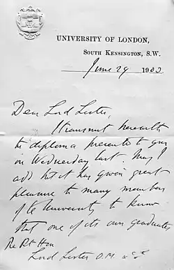 Letter to Joseph Lister from University of London, 1903